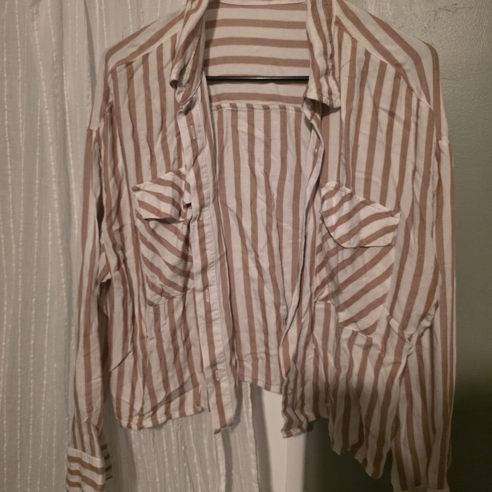 Express Tan and White Striped Shirt